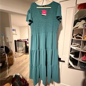 Time and Tru Teal Smocked Midi Dress